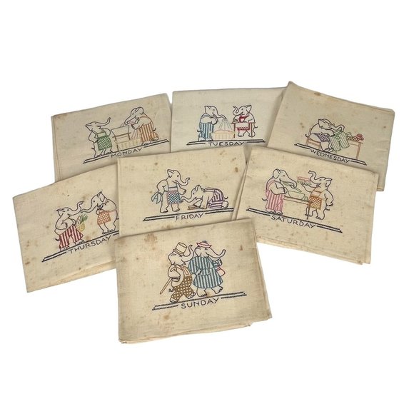 7 Vintage Embroidered Elephant Flour Sack Kitchen Dish Towels - Picture 1 of 10